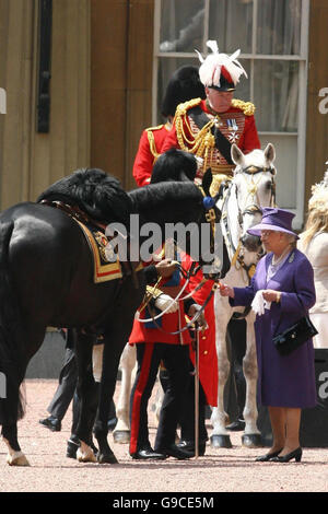 Queen Elizabeth II alimenta un cavallo un bastoncino di carota nel cortile a Buckingham Palace dopo il ritorno dalla Trooping la cerimonia di colore. Foto Stock