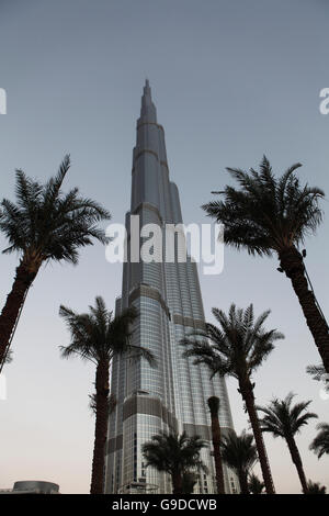 Il Burj Khalifa, Chalifa, 828m, edificio più alto del mondo, Dubai, Emirati Arabi Uniti, Medio Oriente Foto Stock