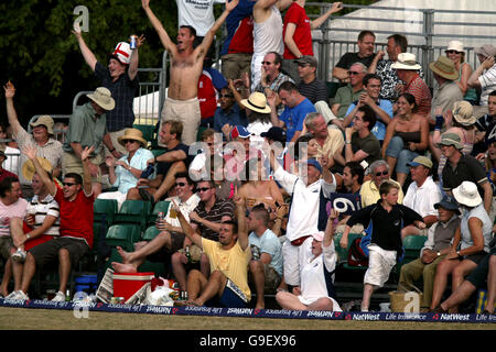 Cricket - NatWest Pro40 - Divisione due - Surrey Brown Caps / Kent Spitfakes - Guildford. I fan di Surrey Brown Caps festeggiano al confine Foto Stock