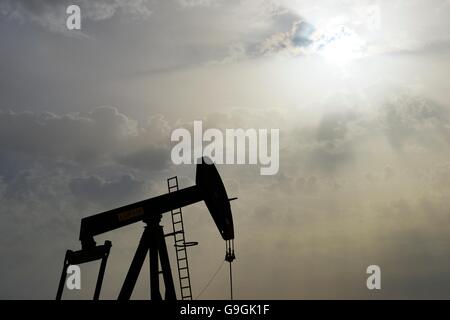 Pumpjack aka cavallo di olio, annuendo asino, olio jack, fascio solleva pompa olio grezzo nel deserto del Bahrain a Sakhir sul golfo persico Foto Stock