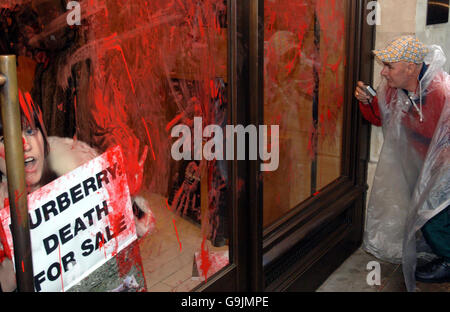 I manifestanti dell'organizzazione anti-pelliccia PETA prendono il controllo di un negozio Burberry su Regent Street a Londra. Foto Stock