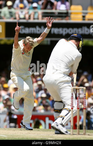 Il brett Lee dell'Australia celebra la presa del capitano dell'Inghilterra del wicket Andrew Flintoff durante il terzo giorno della prima partita di prova al Gabba, Brisbane, Australia. Foto Stock