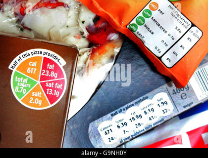Una gamma di etichette sulle confezioni, tra cui (a sinistra) una scatola per pizza di Sainsbury's con l'etichetta del sistema di semafori e altri esempi di etichettatura dei nuovi prodotti alimentari in contrasto, che mostrano ai consumatori quanto il cibo sia sano contenuto nella confezione. Foto Stock
