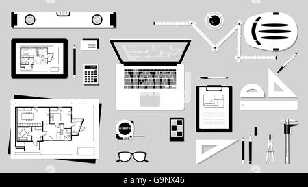 Costruzione ingegnere desktop con gli strumenti di lavoro, tablet e il computer portatile Illustrazione Vettoriale