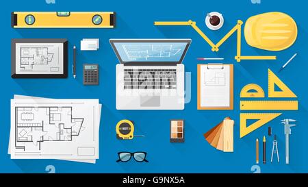 Costruzione ingegnere desktop con gli strumenti di lavoro, tablet e il computer portatile Illustrazione Vettoriale