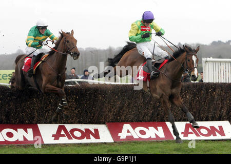 Corse di cavalli - Ippodromo di Newbury. Kauto Star guidato da Ruby Walsh (a destra) salta l'ultima recinzione per vincere l'Aon Chase all'ippodromo di Newbury. Foto Stock