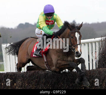 Corse di cavalli - Ippodromo di Newbury. Kauto Star guidato da Ruby Walsh salta una recinzione sulla strada per vincere l'Aon Chase all'ippodromo di Newbury. Foto Stock