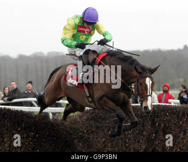 Kauto Star guidato da Ruby Walsh salta una recinzione sulla sua strada per vincere l'Aon Chase al Newbury Racecourse. Foto Stock