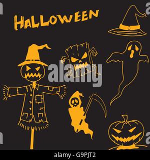 Carattere Halloween spaventapasseri zucche warlock in dooodle Illustrazione Vettoriale