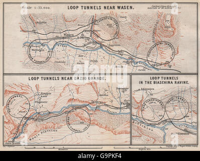 San Gottardo A SPIRALE FERROVIARIA/LOOP GALLERIE Wassen Freggio Prato Biaschina, 1889 Mappa Foto Stock