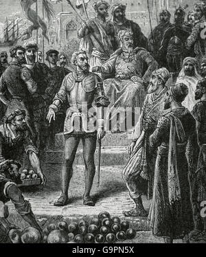 Alfonso de Albuquerque, duca di Goa (ca.1453-1515). Generale Portoghese. Viceré di India. Incisione raffigurante le munizioni che Albuquerque porta da loro navi verso la terraferma: proiettili, buckshots e bombe. Foto Stock