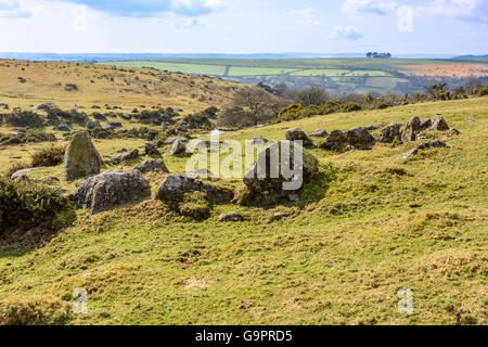 Età del Bronzo hut cerchi sul Harford Moro () Dartmoor Devon, Inghilterra Foto Stock