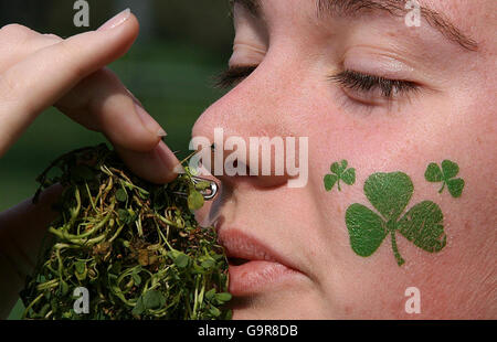 Niamh Hanlon da Ennis, Co.Clare bacia Shamrock il giorno di San Patrizio prima della partita RBS 6 Nazioni tra Italia e Irlanda allo Stadio Flaminio, Roma, Italia. Foto Stock