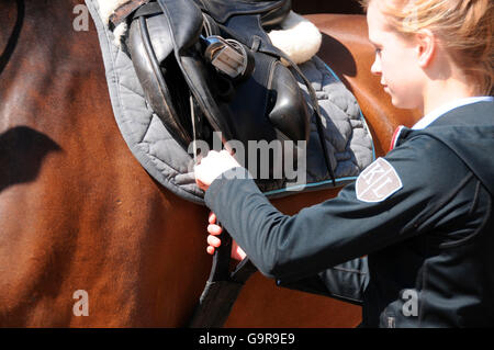 Ragazza saddling Cavallo / sella, il sottopancia Foto Stock