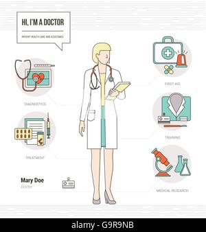 Femmina professionale medico competenze infografico riprendere con strumenti e attrezzature mediche e set di icone Illustrazione Vettoriale