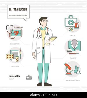 Medico professionale competenze infografico riprendere con strumenti e attrezzature mediche e set di icone Illustrazione Vettoriale