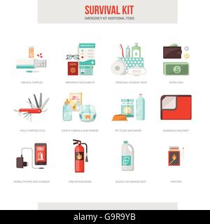 Survival kit di emergenza per evacuazione, oggetti vettoriali impostato su sfondo bianco Illustrazione Vettoriale