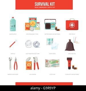 Survival kit di emergenza per evacuazione, oggetti vettoriali impostato su sfondo bianco Illustrazione Vettoriale