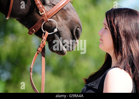 Ragazza con Cavallo / Thouroughbred, briglia, narici Foto Stock