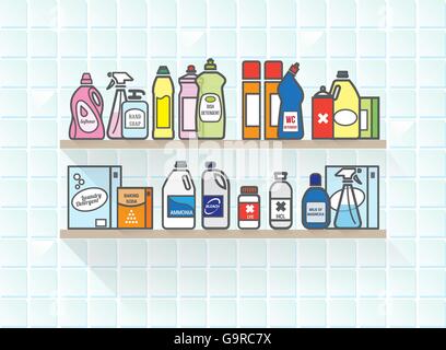 Detersivi impostato sulla mensola per bagno compresi diversi tipi di imballaggio Illustrazione Vettoriale