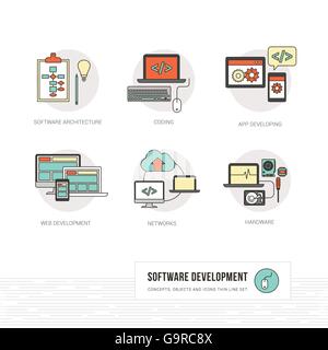 Web e sviluppatore di software e hardware per computer concetti, sottile linea di oggetti e set di icone Illustrazione Vettoriale