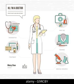 Femmina professionale medico competenze infografico riprendere con strumenti e attrezzature mediche e set di icone Illustrazione Vettoriale