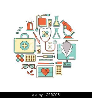 Medico e sanitario di apparecchiature mediche, sottile linea di oggetti in una forma circolare su sfondo bianco Illustrazione Vettoriale