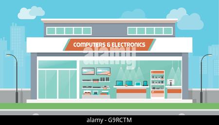 Computer e negozio di elettronica e di costruzione interna di laptop, telefoni cellulari e schermi televisivi in vetrina e dello skyline della città Illustrazione Vettoriale