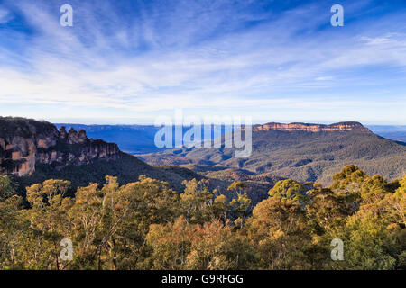 Panorama verso il Grand Canyon da Echo Point e tre sorelle formazione di rocce al centro di Platone sopra gli alberi di eucalipto su soleggiate Foto Stock