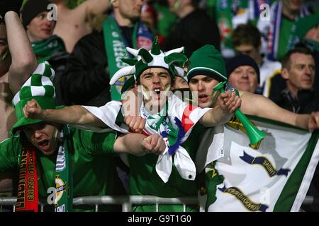 I fan dell'Irlanda del Nord festeggiano la vittoria alla fine del gioco Foto Stock