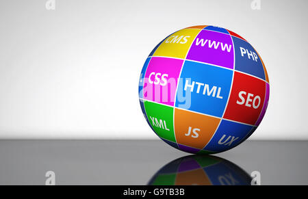 Sito Web, Internet e media digitali il concetto di sviluppo con i linguaggi di programmazione firmare in un colorato mondo. Foto Stock