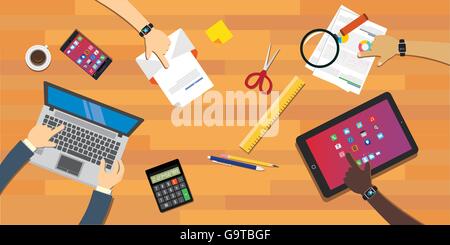 La collaborazione di persone che lavorano insieme alla scrivania Illustrazione Vettoriale