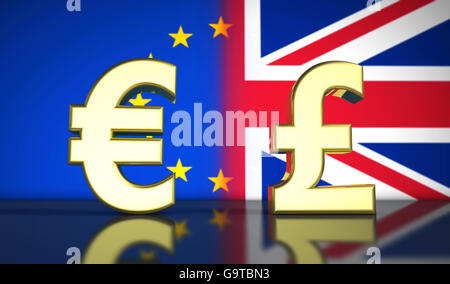 Brexit British referendum concetto finanziario con UE e Regno Unito bandiera e icona valuta e il simbolo 3D lo sfondo dell'illustrazione. Foto Stock
