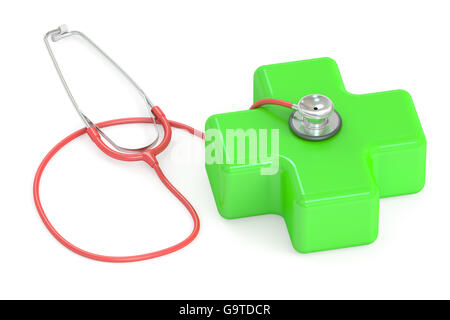 Concetto medico, uno stetoscopio con croce verde. 3D rendering isolati su sfondo bianco Foto Stock