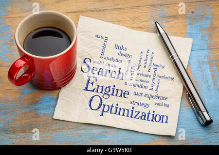 Ottimizzazione per i motori di ricerca parola cloud - scrittura su un tovagliolo con una tazza di caffè espresso Foto Stock