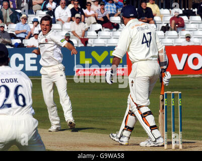 Il bowler dell'Essex Ryan Ten Doeschate (a sinistra) celebra la scomparsa dello Stephen Stubbings del Derbyshire durante la partita del Liverpool Victoria County Championship al County Cricket Ground, Chelmsford. Foto Stock