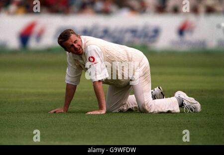Dominic Cork dell'Inghilterra è lasciato sulle sue mani e ginocchia Foto Stock