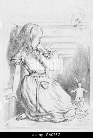 Alice nel paese delle meraviglie. 'The Rabbit Scurried', un'illustrazione di Sir John Tenniel per 'Alice in Wonderland' di Lewis Carroll che mostra Alice e il coniglio Bianco. Disegno a matita su carta, c.1866.
