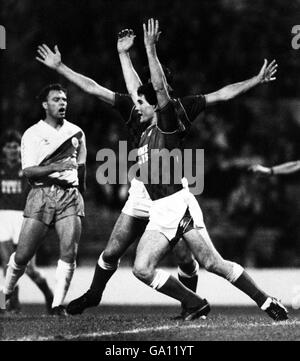 Calcio - Littlewoods Challenge League Cup - Nottingham Forest / Crystal Palace - City Ground. Nigel Clough e Neil Webb (nascosto) celebrano il traguardo vincente per la foresta di Nottingham Foto Stock