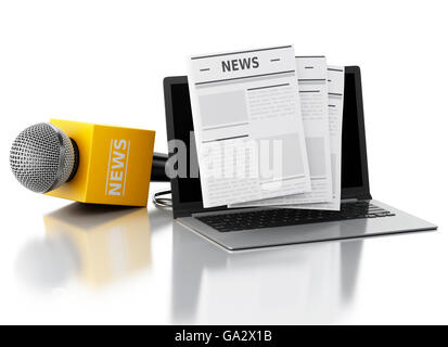 3D renderer immagine. News e microfono portatile con articolo di notizie. Isolato sullo sfondo bianco. Foto Stock