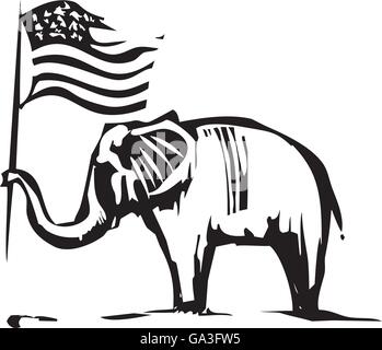 Xilografia immagine di stile di un elefante sventola una bandiera americana Illustrazione Vettoriale