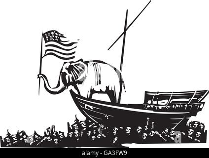 Xilografia immagine di stile di un elefante sventola una bandiera americana su una barca circondata da un mare di profughi. Illustrazione Vettoriale