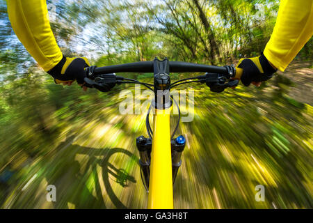 Dinamica veloce in bicicletta nei boschi Foto Stock