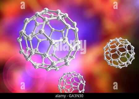 Le nanoparticelle, computer grafica. La nanotecnologia consiste nella progettazione di sistemi su scala dal microscopico verso il basso. Queste nanoparticelle sono state costruite in corrispondenza di una scala abbastanza piccolo per interagire con le singole molecole. Le nanoparticelle come questo potrebbe essere utilizzato per la consegna di farmaci mirati a trattamenti particolari zone del corpo. Alcune delle altre possibili applicazioni di nanoparticelle includono l'uso di dati meteorologici, geofisiche, biologico e sensori di sorveglianza. Foto Stock
