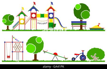 Parco giochi per bambini colore impostato. Altalene, rotatorie alberi e i figli di erba. Illustrazione Vettoriale