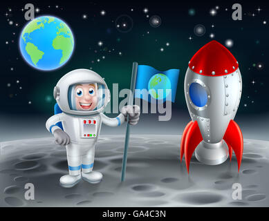 Una illustrazione di un cartoon astronauta tenendo una bandiera con la messa a terra su di esso e un cartoon retrò spazio razzo o nave spaziale l Foto Stock