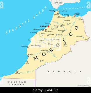 Il Marocco mappa politico con capitale Rabat, confini nazionali importanti città e fiumi. Illustrazione con etichetta inglese. Foto Stock