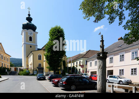 Yspertal piazza principale con la chiesa parrocchiale e la gogna in Ysper Austria Niederösterreich, Bassa Austria Waldviertel Foto Stock