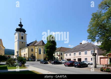 Yspertal piazza principale con la chiesa parrocchiale e la gogna in Ysper Austria Niederösterreich, Bassa Austria Waldviertel Foto Stock