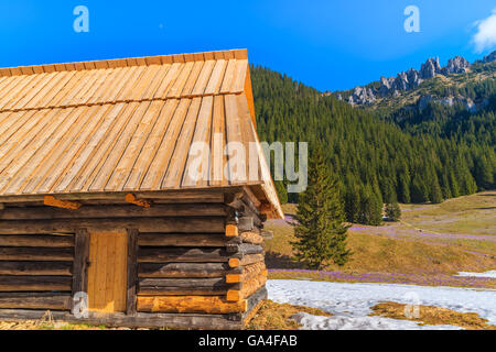 Capanna in legno e in valle Chocholowska nella stagione primaverile, Monti Tatra, Polonia Foto Stock